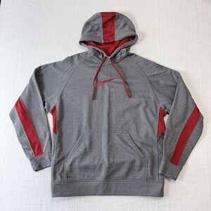 Y2K Nike Center Swoosh Hoodie Sweatshirt L Vintage Gray Striped Fit Thema Red